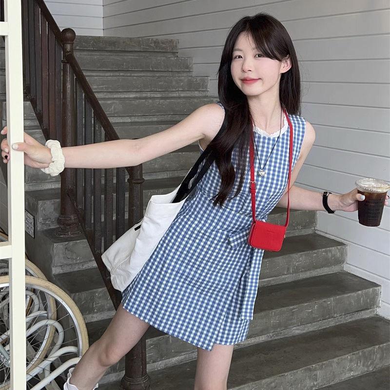 French Blue and White Plaid Lace-up Vest Dress Women's Summer New Temperament Casual Versatile Sleeveless Short Skirt