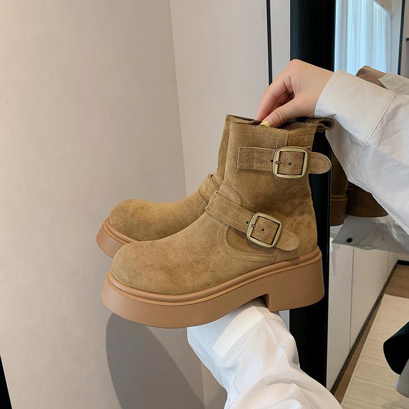 

British style belt buckle shows thin pleated women s thick heel knight boots autumn and winter French European and American heightening fashion boot 40 хаки
