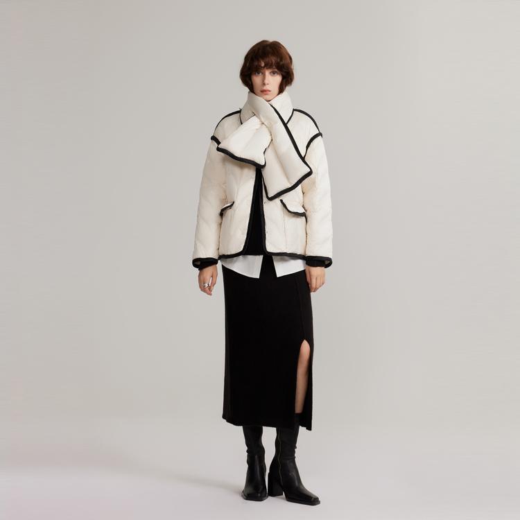 ELLE French Style High-End White Duck Down Basic Warm V-Neck Short Jacket Women outerwear Off-White EY49175