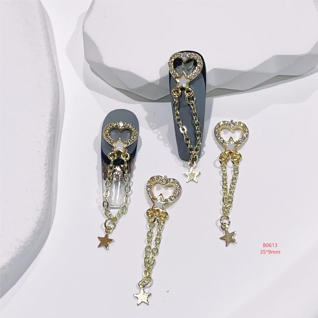 Heart Chain Tassel Alloy Nail Art Jewelry Stickers with Zircon Accents