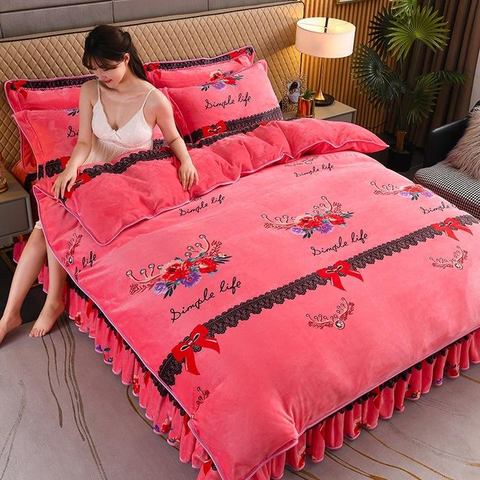 Thickened Milk Fleece Four-Piece Warm Double-Sided Coral Fleece Quilt Cover Flannel Sheet Bed Skirt Bedding