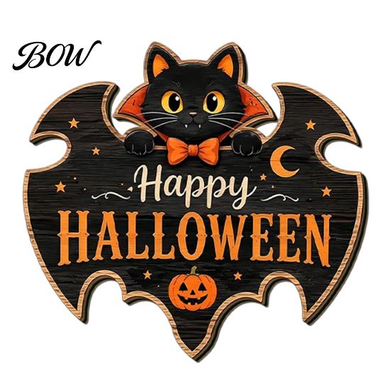 Scary Halloween Signs Black Cat Ghost Door Sign, Decorative Plaque, Wooden Hanging Craft Decorations Vintage Rustic Decor with Jute Rope, Seasonal