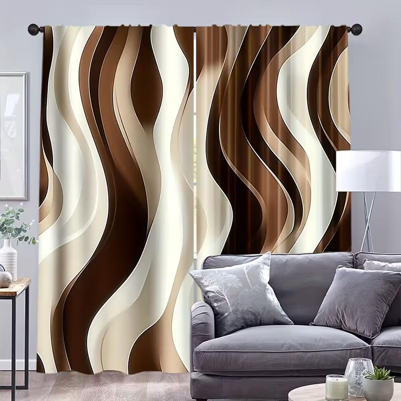 2PC Brown Cream Wave Pattern Sheer Curtains - Modern Minimalist Abstract Print Window Drapes for Living Room Bedroom Decor