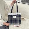 151 Cute Girl Heart Lace Woolen College Plaid Shoulder Bag Cloth Bag Portable Tote Bag