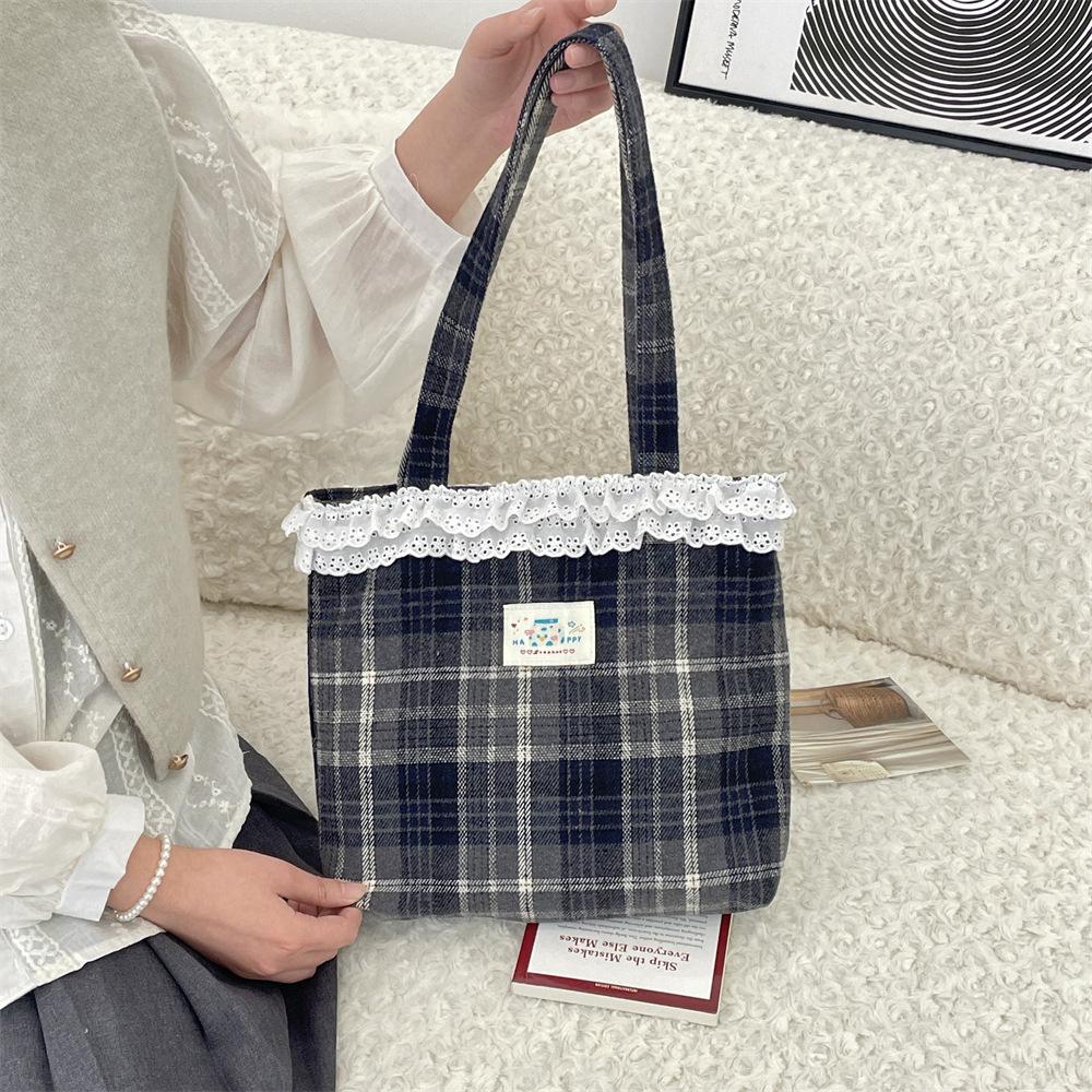 151 Cute Girl Heart Lace Woolen College Plaid Shoulder Bag Cloth Bag Portable Tote Bag