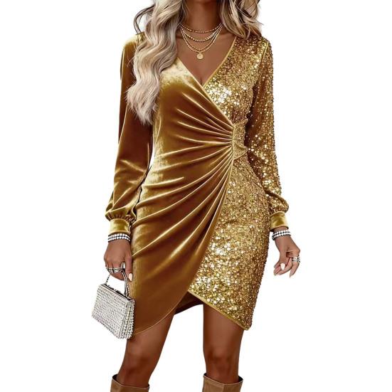 Damen Pailletten Samt Wickel Mini Kleid Langarm V-Ausschnitt Raffiniertes Bodycon Kleid Hochzeitsgast Abendkleid Formales Cocktailparty Kleid