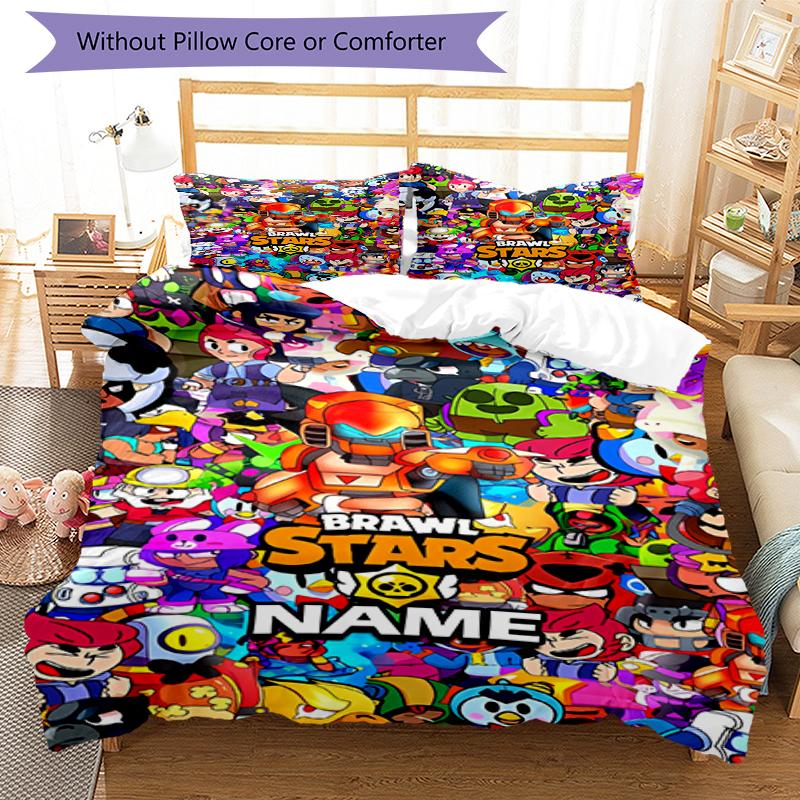 3pcs Custom Name Brawl Stars Bedding Set Duvet Cover Closure Includes 1 Duvet Cover & 2 Pillowcases, Soft and Comfortable for All Seasons.