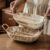 Retro Style Handmade Coarse Pottery Rope Woven Binaural Bowl Japanese Ceramic Oval Bowl Household Tableware Vegetable Bowl Fruit Salad Bowl