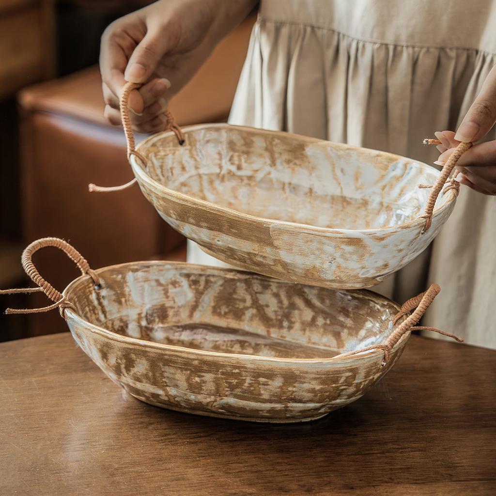Retro Style Handmade Coarse Pottery Rope Woven Binaural Bowl Japanese Ceramic Oval Bowl Household Tableware Vegetable Bowl Fruit Salad Bowl