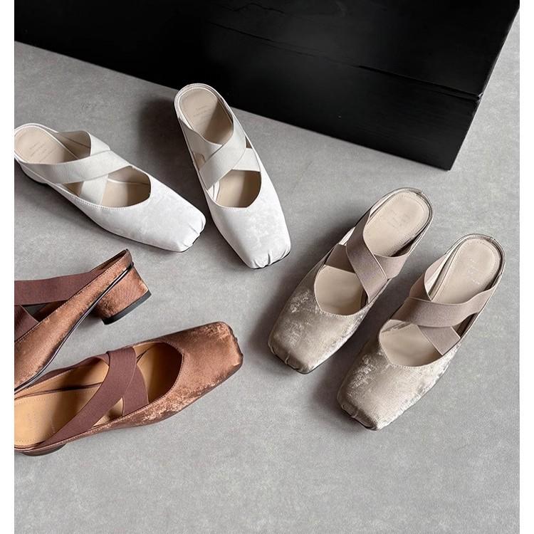 French bag head half slippers women's 2025 new summer square head ballet cross strap medium heel thick heel outer sandals