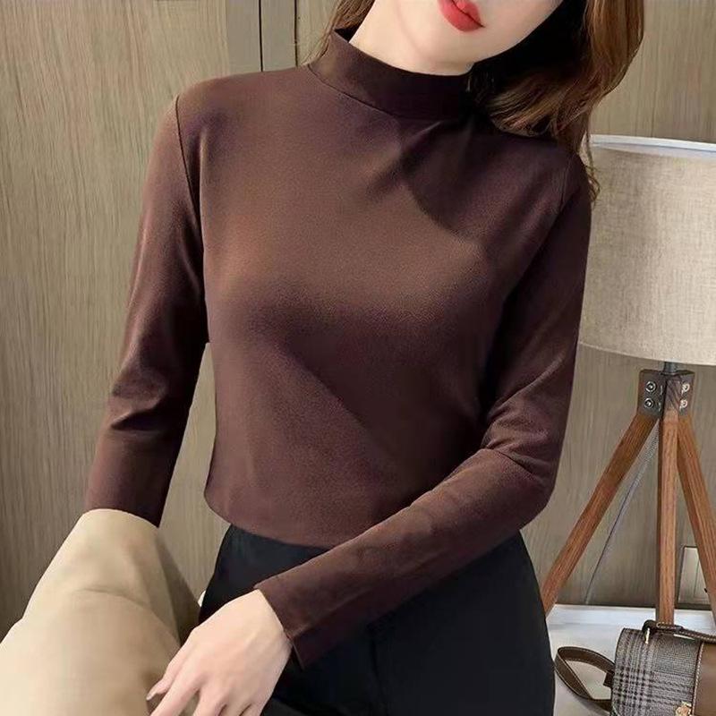 Women's Half High Neck Slim Fit Warm T-Shirt - Autumn/Winter Solid Color.