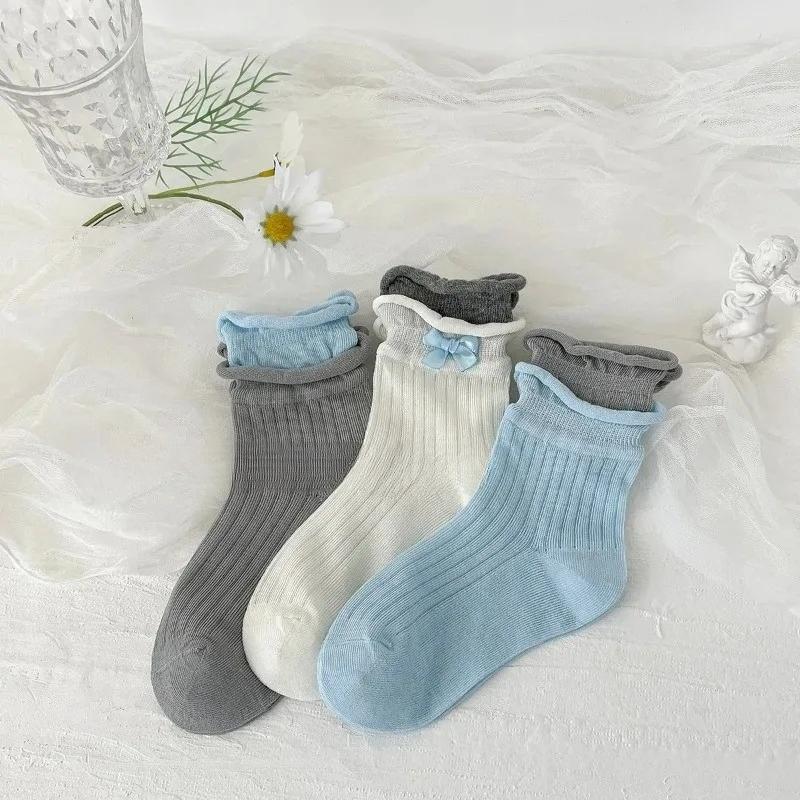 3 Pairs/set Cute Fashion New Korean Girls Socks Summer Thin Mid-Crew Lace Mesh Breathable Seamless Ankle Socks with Bow Trim
