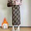 Roter Retro-Woll-Karo-Rock mit Schlitz - Herbst/Winter Beflockter, formender Hüftwickelrock