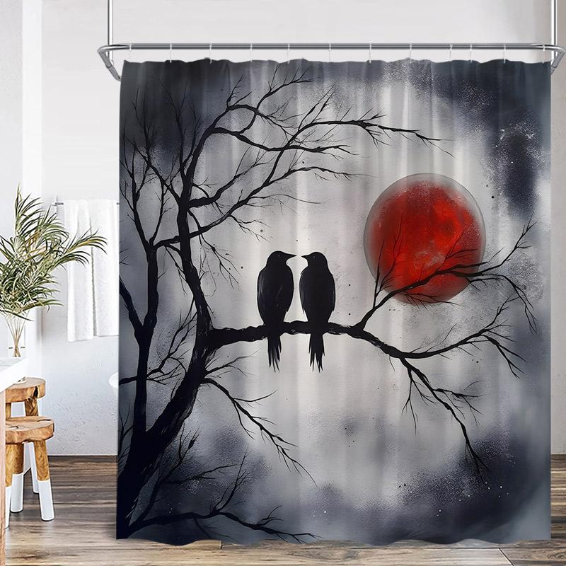Horror Halloween Shower Curtain Forest Dead Trees Tombstone Crow Black Cat Skeleton Bath Curtains Home Bathroom Decor with Hooks