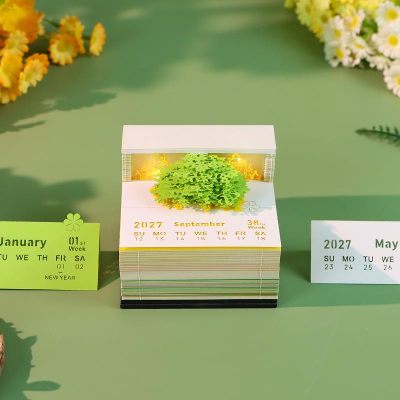 Time Piece Calendar 2027 Desk Calendar With Led Light 3D Tear-Away Calendar Paper Carving Art Memo Pad Notepad Desktop Decor