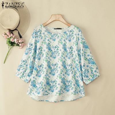 Damen Freizeit Rundhals 3/4 Ärmel Locker Bluse mit Blumenmuster