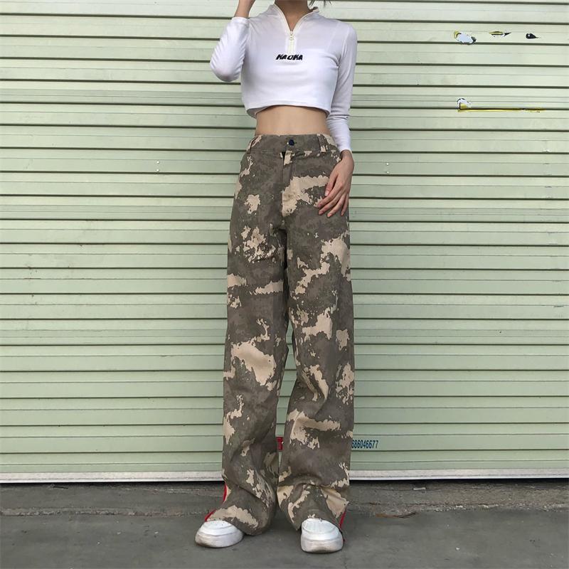 Pantaloni casual de primăvară toamnă Tide Hot girl retro talie înaltă pantaloni de camuflaj hiphop americani pentru femei salopete Harajuku largi
