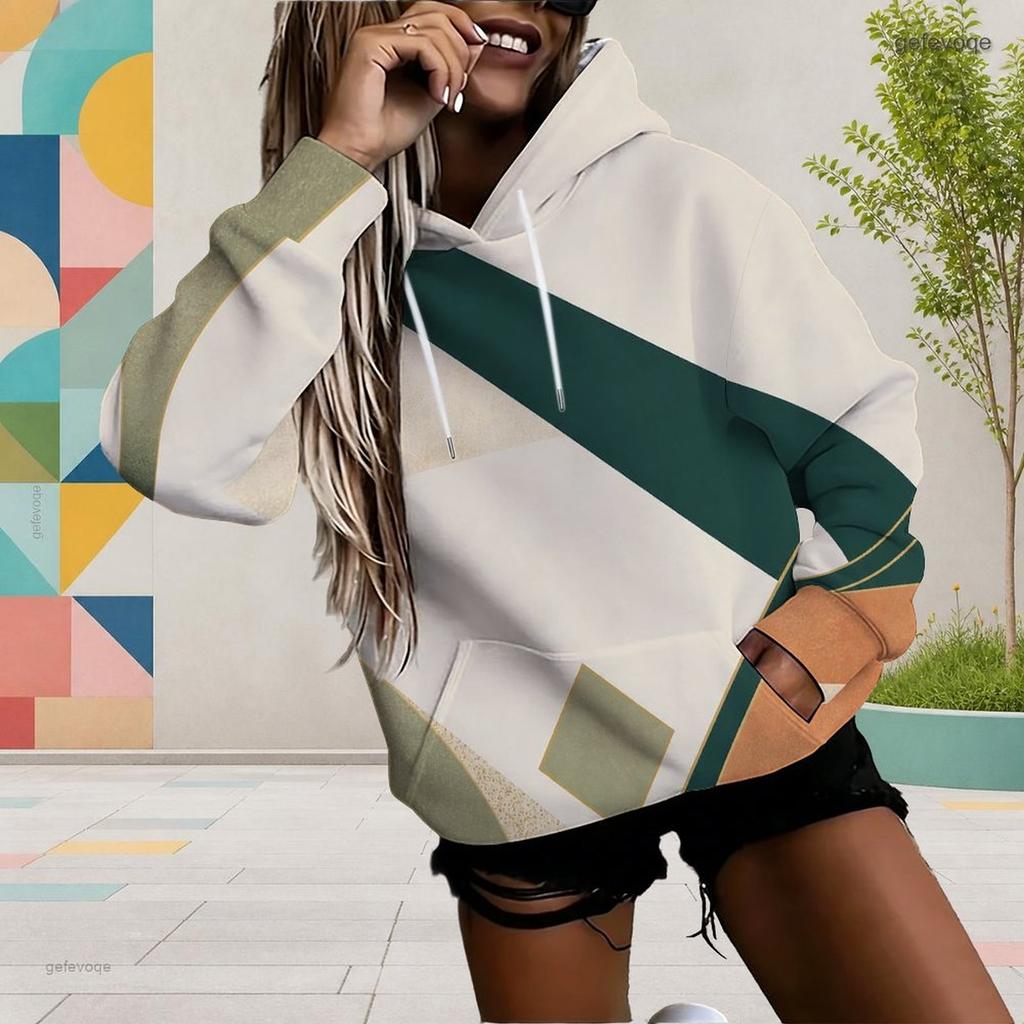 Women Plus Size Long Sleeve Geometric Printed Blue White Hoodie Pullover With Kangaroo Pocket