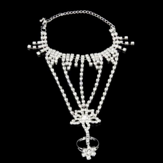 Bridal Wedding Crystal Rhinestone Slave Bracelet Wristband Harness & Ring Cuff