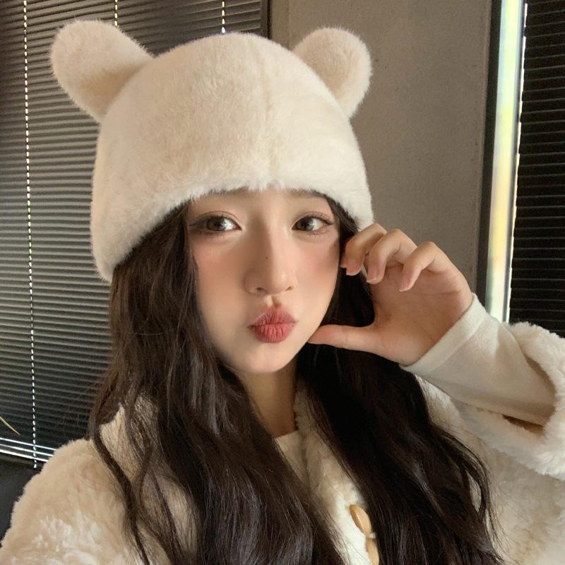 Korean Version of Autumn and Winter New Hat for Women Imitation Mink Bear Ears Fisherman Hat Solid Color Versatile Winter Plush Hat