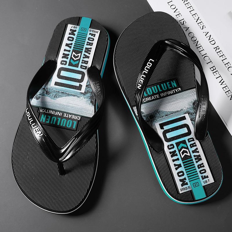 Fashion Summer Men Flip Flops Non-slip Beach Sandals Male Letter Grain Outdoor Fashion Beach Shoes Man Slippers Indoor Bath Slides