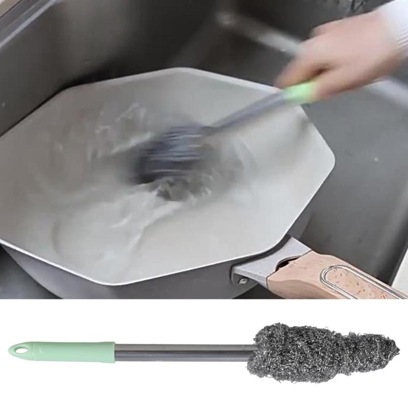 Ergonomic Long Handle Stainless Steel Scouring Ball Brush Random Color Suitable for Easily Kitchen Surfaces Cleaning