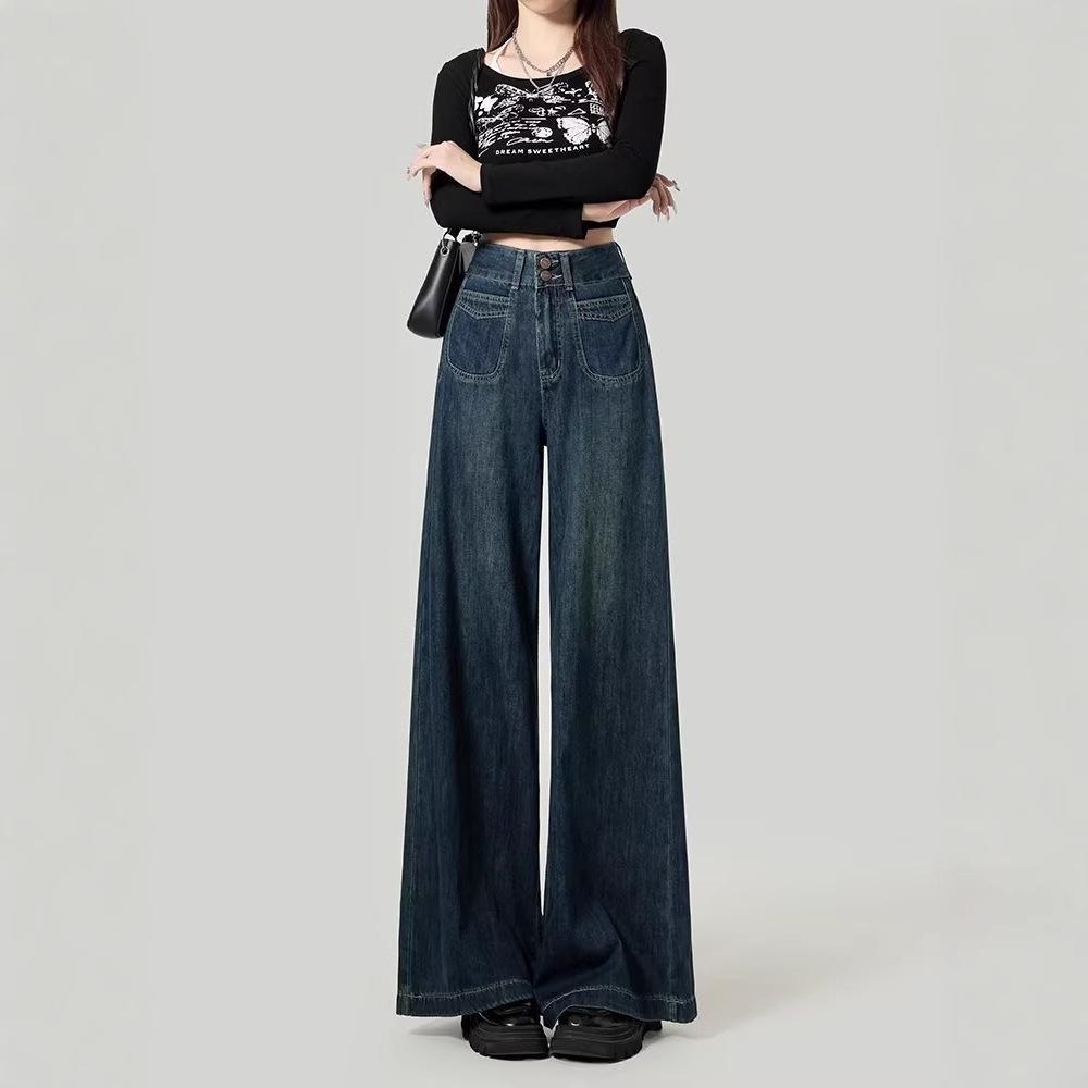 Women s Dark Blue High-Waisted Wide-Leg Jeans, Double-Breasted Drapey Floor-Length, Plus Size – 2024 Autumn Retro Collection M