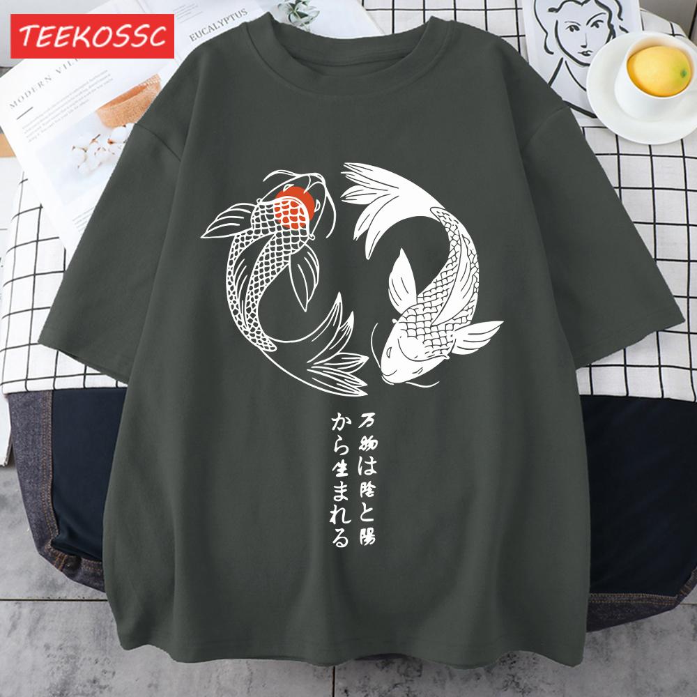 Two Koi Fish Swimming In Waterprint Men TShirts Cotton AllMatch T Shirt Comfortable Crewneck Tops Loose Unisex Summer Clothes