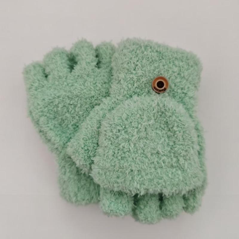 Solid Color Student Child Half Finger Thickened Writing Cycling Typing Cold-resistant Flip Gloves Coral Fleece Women Cold-proof and Warm