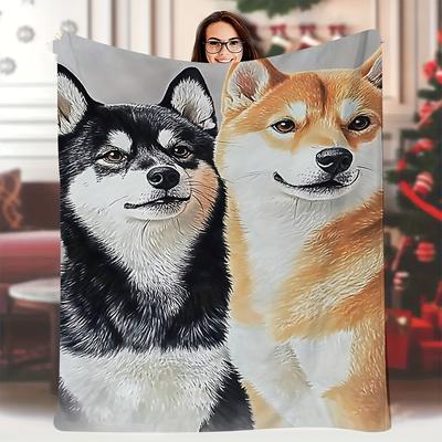 1pc Soft Single-Sided Printed Blanket 60x80 Inch - Two Shiba Inu Dogs Design (Black & White), High-Resolution Realistic Print