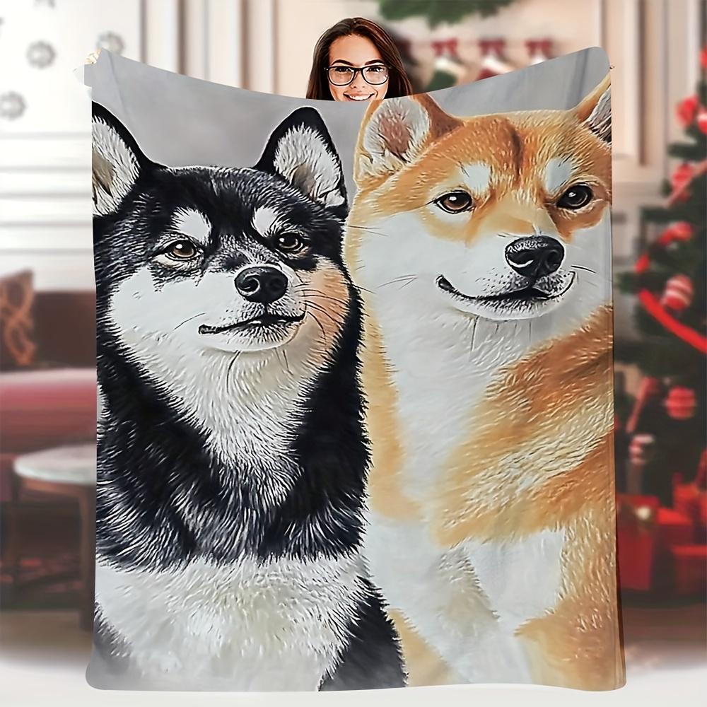 

1pc Soft Single-Sided Printed Blanket 60x80 Inch - Two Shiba Inu Dogs Design (Black & White), High-Resolution Realistic Print 70x100cm28x39in