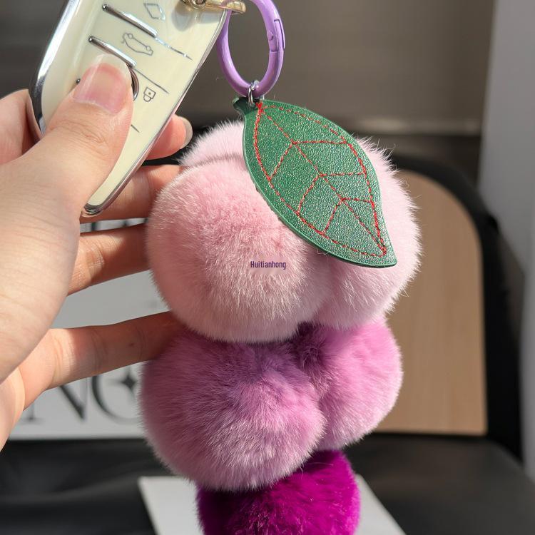 Real Rex Rabbit Fur Grape Keychain & Bag Charm - Cute Pendant Pompon