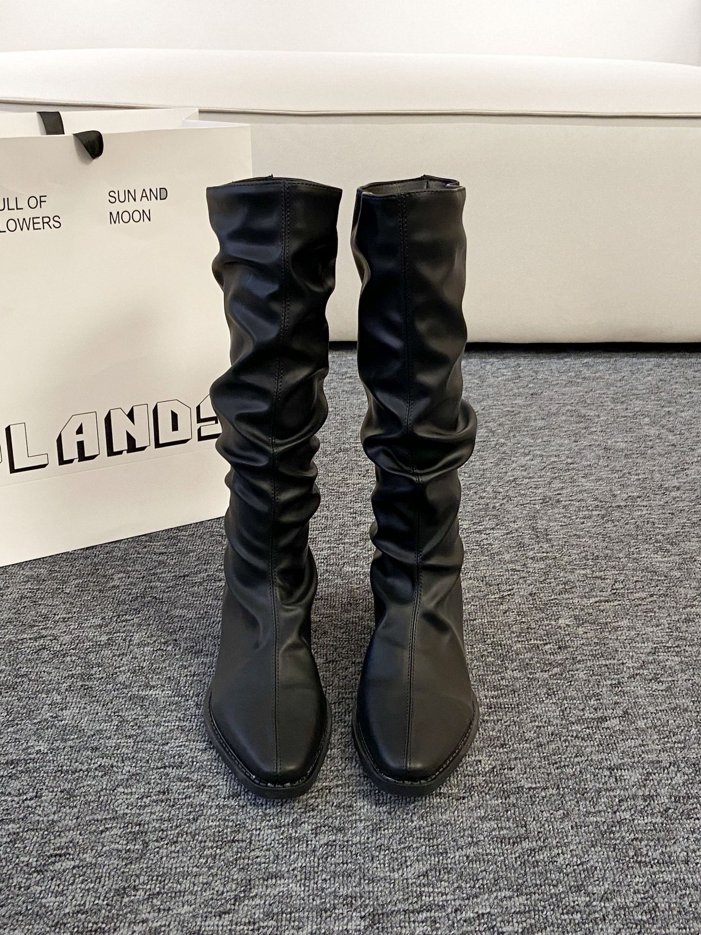 

Ботильоны-рыцари с плиссированным голенищем до колена на толстом каблуке женская обувь 2025 новая весна и осень западные тонкие средней длины сапоги 40 чёрный