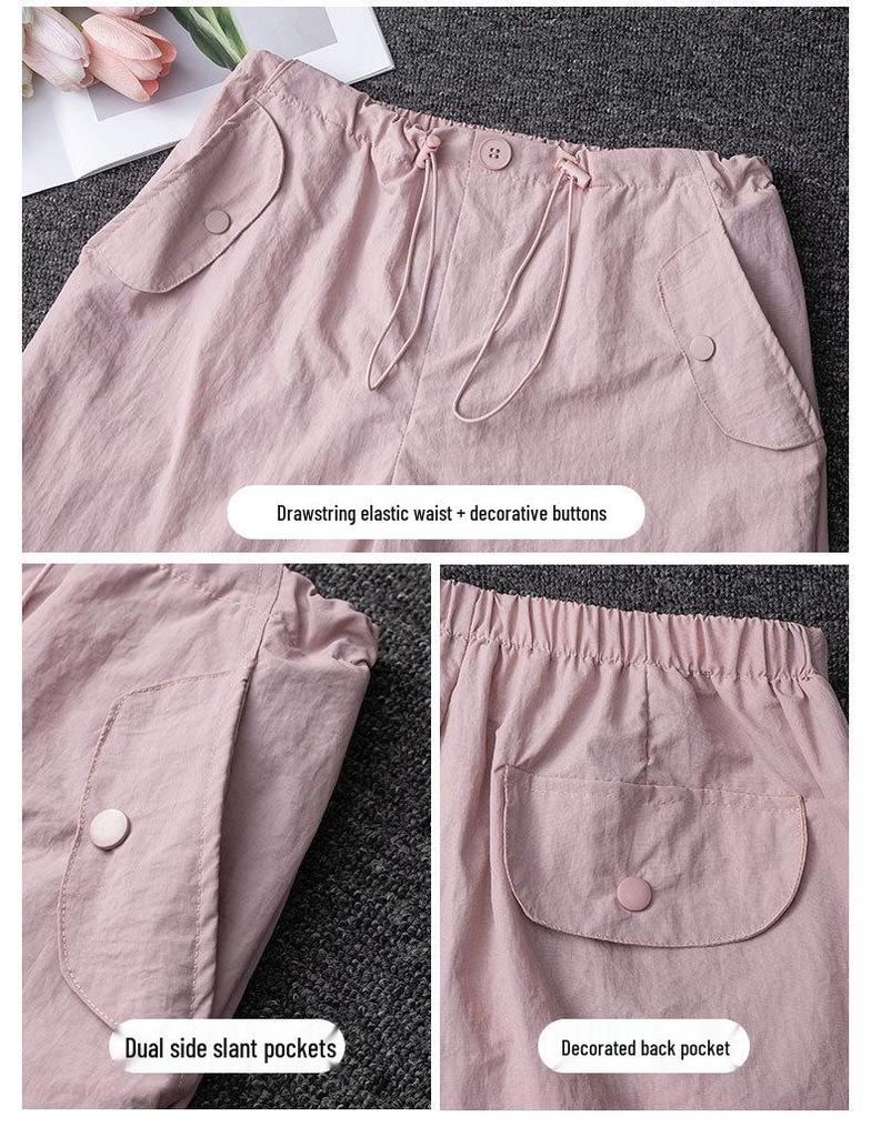 Women's Purple Two-Piece Set: Quick-Dry Ice Silk T-Shirt & Loose Five-Point Cargo Shorts