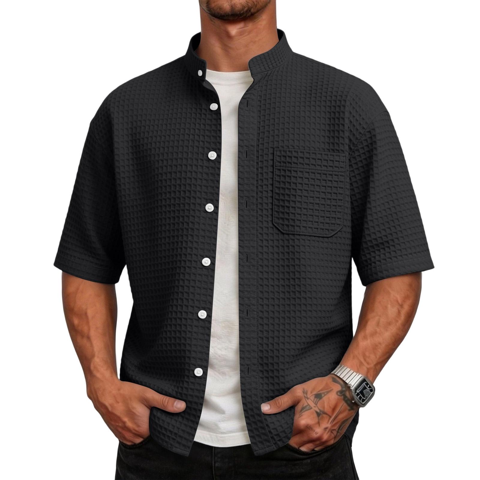 

Men s Summer -color Stand-up Collar Stylish Cardigan Men s Casual Sport Button-down Short-sleeved Shirt M чорний