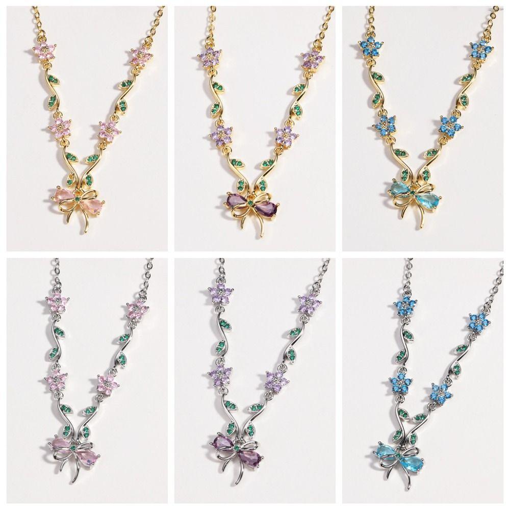 Flower Bow Necklace Pendant Shiny Pendant Chain Delicate Bowknot Rhinestone Necklace  Holiday
