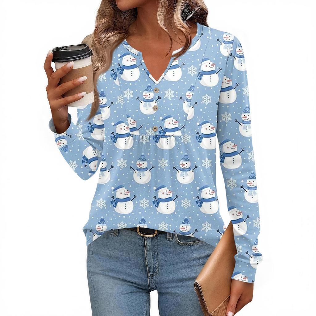 Dámská módní ležérní halenka s výstřihem do V, knoflíky, vánoční potisk, s dlouhým rukávem, pulovr, tričko, top