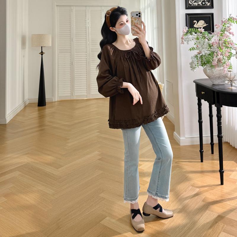 Spring 2026 Maternity Retro Coffee Pleated Lace-Up Ruffled Doll Shirt L