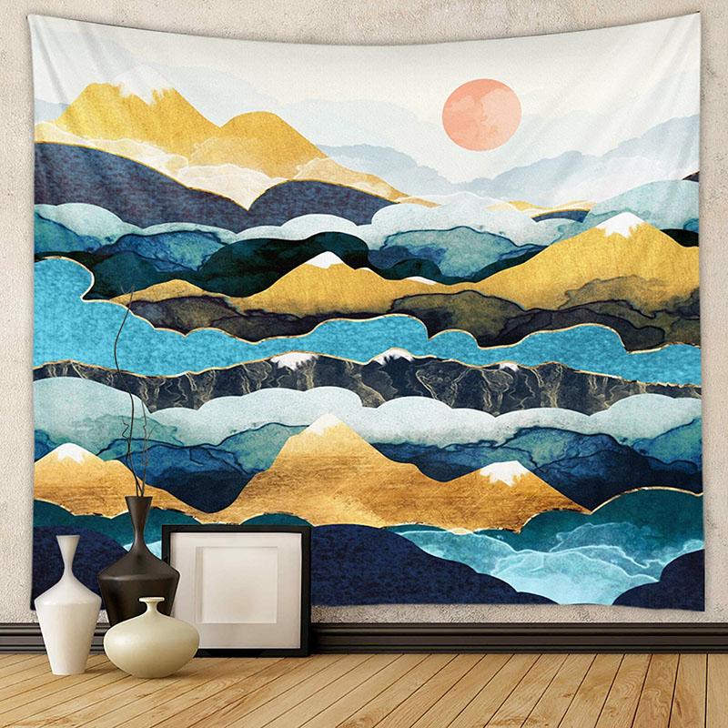 Nordic Mountain Sunset Printed Tapestry Natural Landscape Wall Hanging Cloth Beautiful Bedroom Background Decoration with Nails
