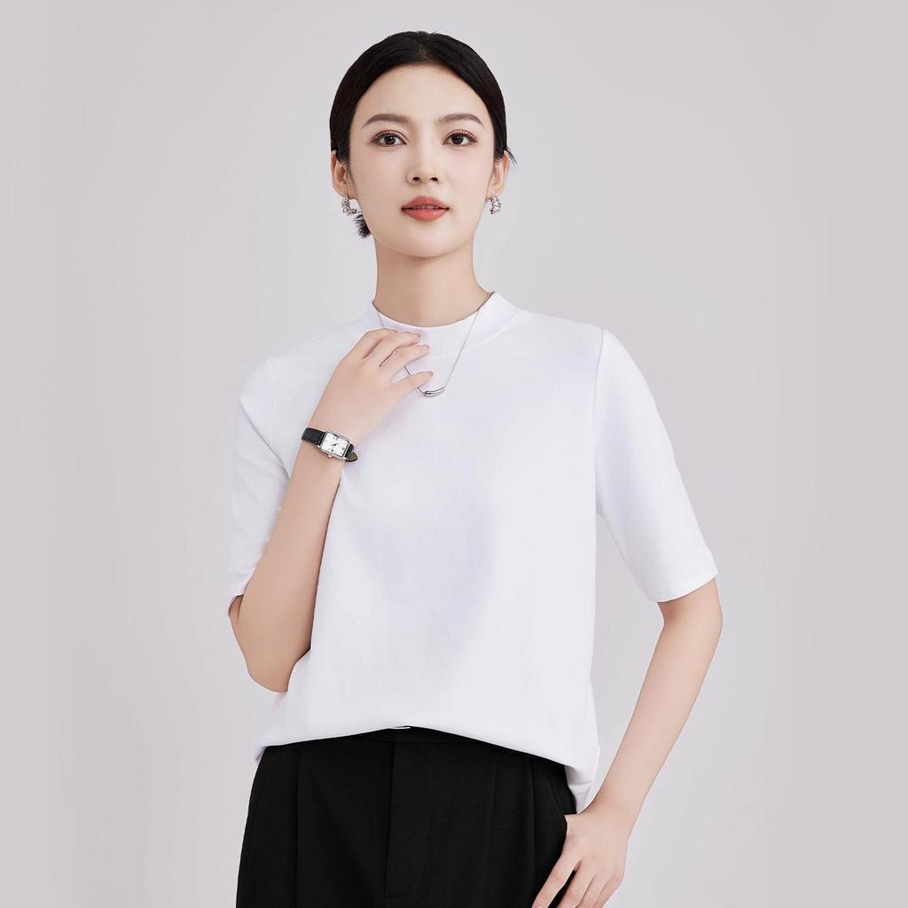 High-End Women's Ribbed Crew Neck Mid-Sleeve T-Shirt