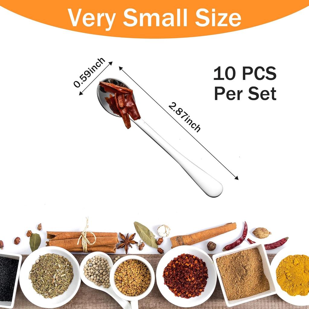 2.87" Tiny Mini Spoons 10pcs, Super Small Stainless Steel Spoons for Spices Jars, Salt, Sugar – Cute Little Serving Spoons for Tiny Jars (10,