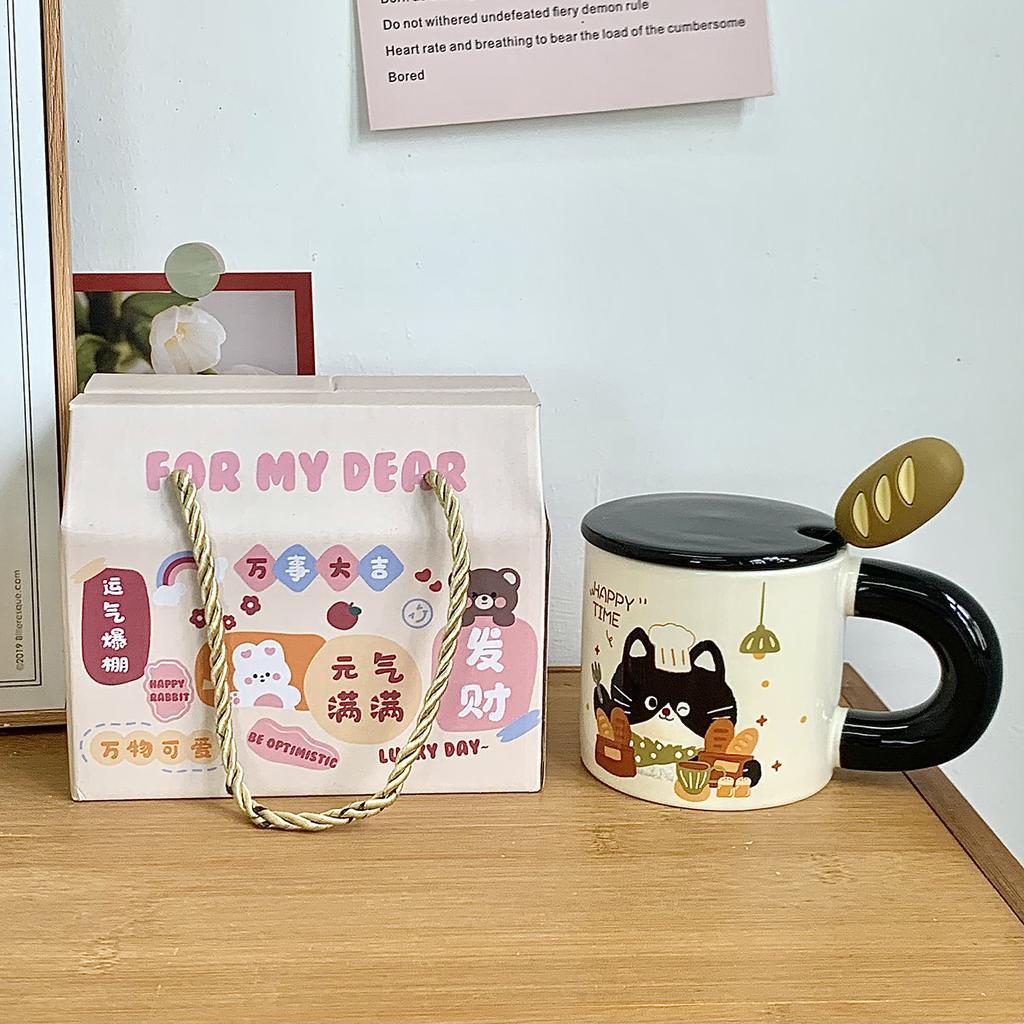 Brot Kätzchen Tasse mit Deckel Löffel Große Kapazität Keramiktasse für Mädchen Büro Wasserbecher Kaffee Frühstückstasse Männer