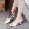 Fashion luxury silk band high heels summer shoes woman crystal strap slippers ladies glitter party slides shoes female heeled sandalias