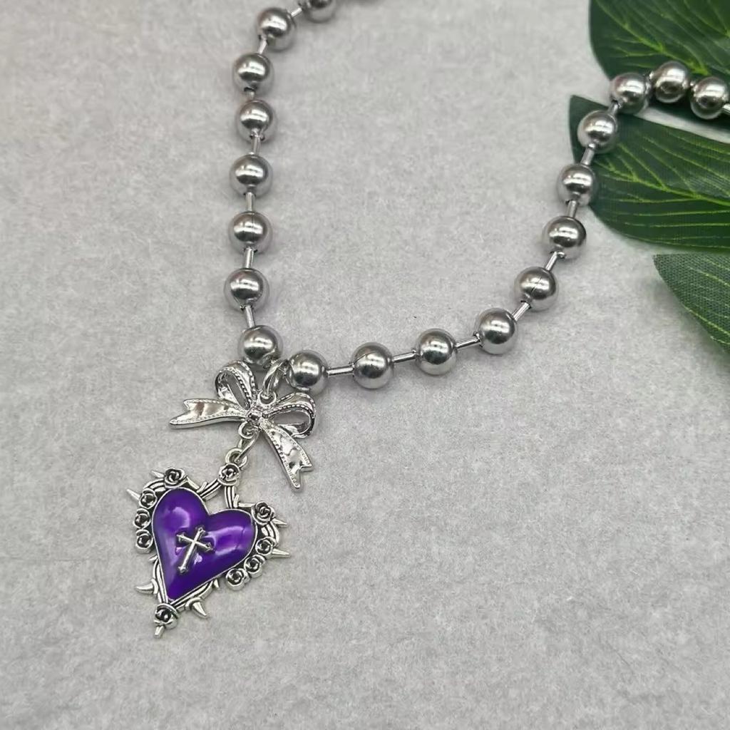 Y2k Subcultuur Zilverkleurig Strikje Rode Druipglazuur Doornig Hart Hanger Kralenketting Ketting voor Vrouwen Mannen Gotische Charm Sieraden
