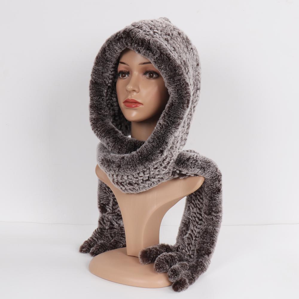Winter Women Knitted Real Rex Rabbit Fur Hat Scarf Natural Soft Rex Rabbit Fur Hat Lady Warm Genuine Rabbit Fur Cap Scarves