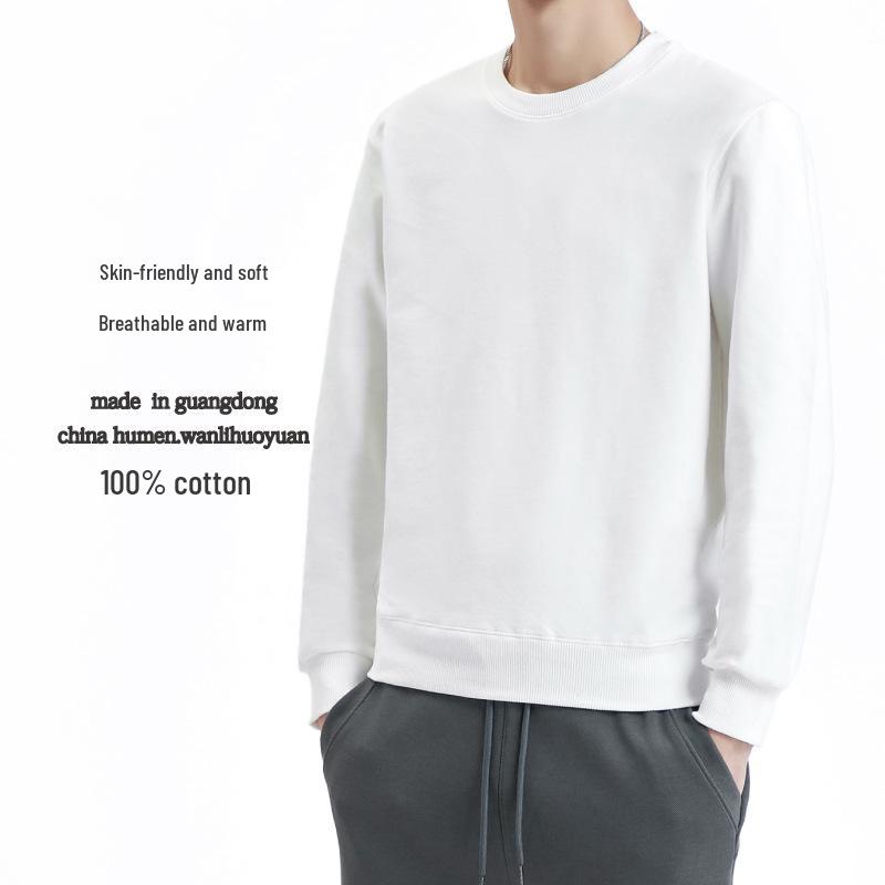Spring Crew Neck Sweatshirt: Drop Shoulder, Solid Color, Long Sleeve, Logo-Printed Workwear.
