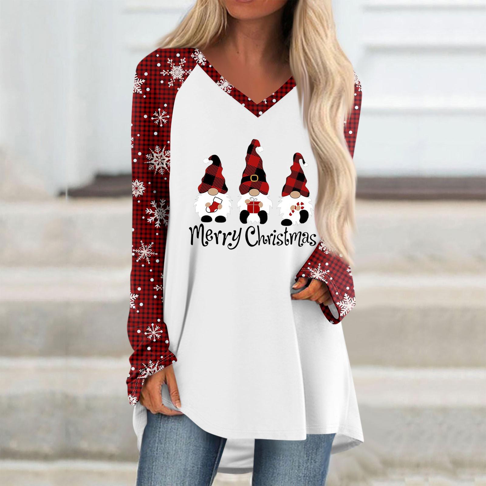 

Женская и зимняя футболка с длинными рукавами и V-образным вырезом с рождественским принтом, повседневная длинная свободная футболка S