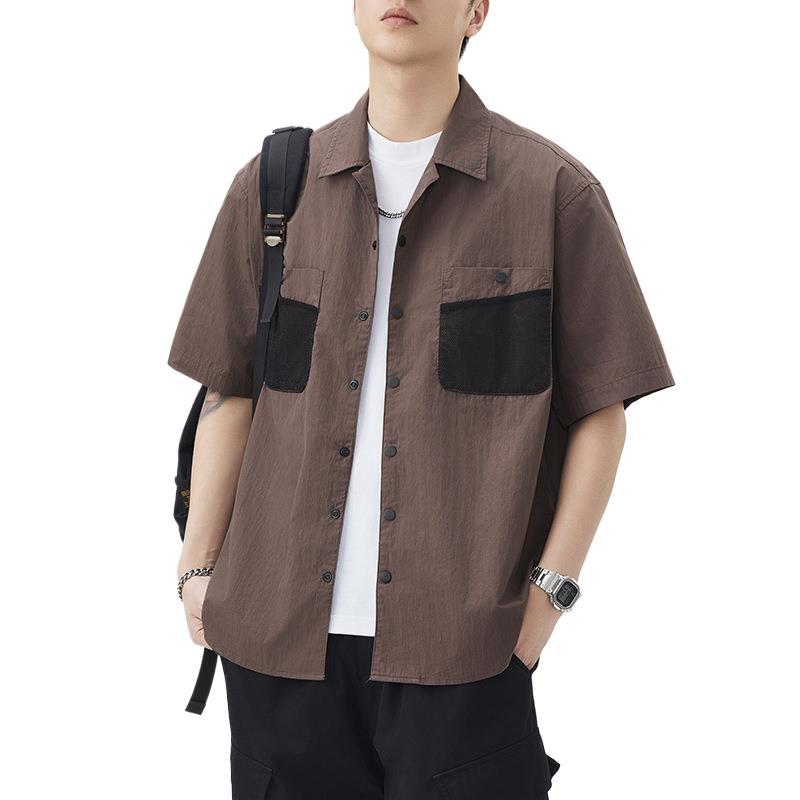Mountain Outdoor Contrasting Short-sleeved Shirt Men's American Trendy Japanese Retro Loose Mid-sleeved Shirt