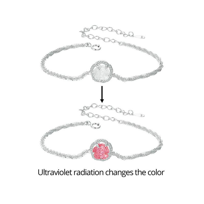 WOSTU 925 Sterling Silver Change Color Flower Link Bracelet Women Romantic Pink Rose Flowers Charm Bracelets Party Jewelry Gift