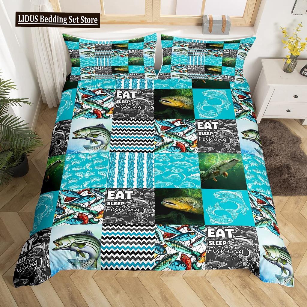 Pike Fish Bedding Striped Bass Big Pattern Hunting And Fishing Themed Duvet Cover For Kids Boys BedRoom Decorations For Teens